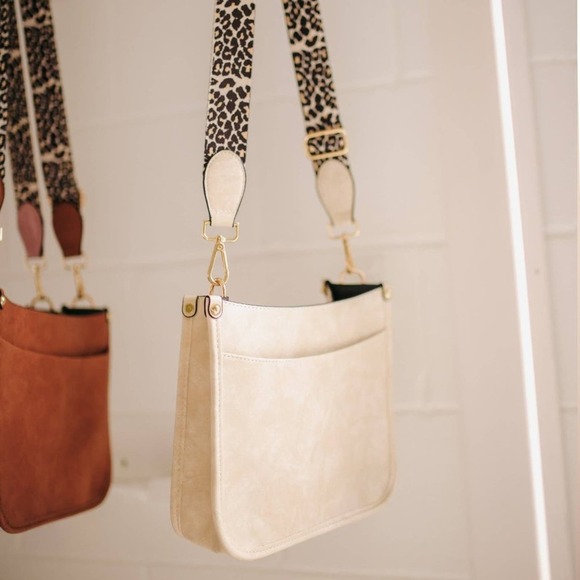Creamy Beige Crossbody Bag with Leopard Canvas Strap - Picture 1 of 6